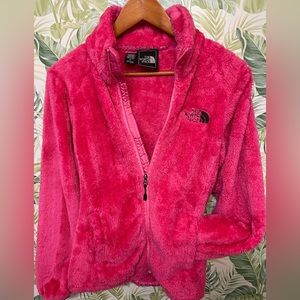 The North Face full zipper, pink, fur/polyester fleece. Size medium. Cozy & fun!